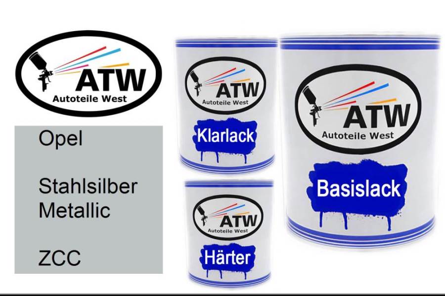 Opel, Stahlsilber Metallic, ZCC: 1L Lackdose + 1L Klarlack + 500ml Härter - Set, von ATW Autoteile West.